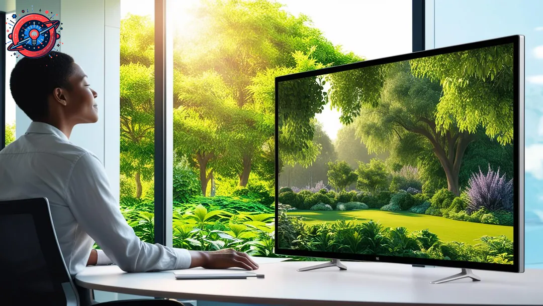 Conexión visual con la naturaleza desde oficina con diseño biofílico avanzado y vista a espacio verde o pantalla inmersiva. Conexión visual con la naturaleza desde oficina con diseño biofílico avanzado y vista a espacio verde o pantalla inmersiva.