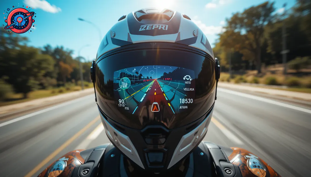 Head Up Display (HUD) en casco inteligente 2025 proyectando navegación GPS y velocidad en el visor del motociclista Head Up Display (HUD) en casco inteligente 2025 proyectando navegación GPS y velocidad en el visor del motociclista