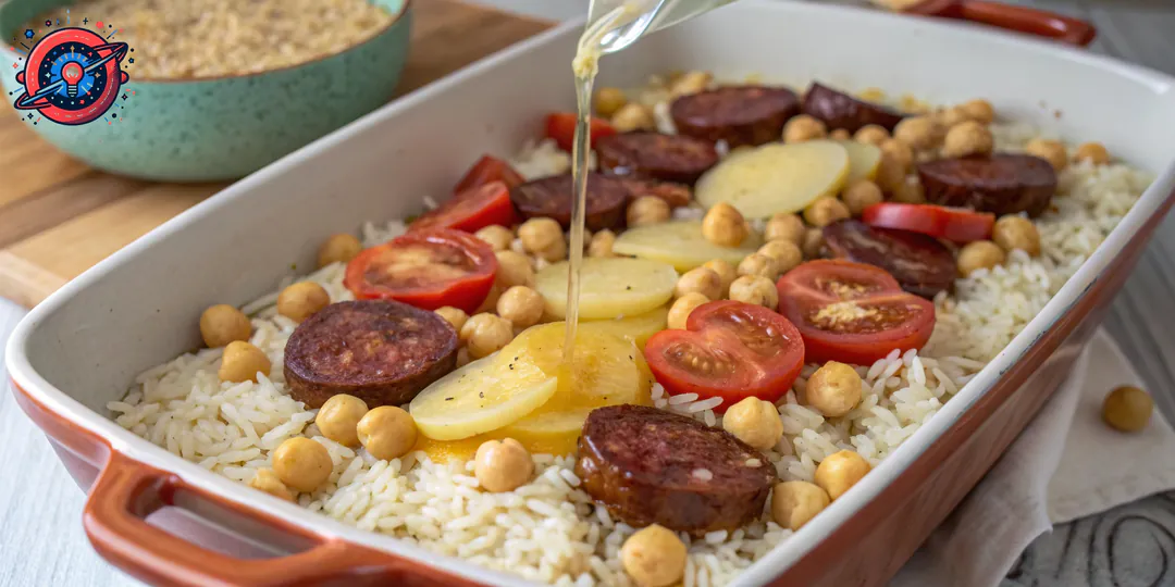 Montaje del arroz al horno con sobras de cocido antes de hornear.