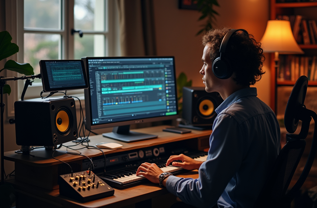 Músico utilizando software de inteligencia artificial para composición musical en un estudio Músico utilizando software de inteligencia artificial para composición musical en un estudio