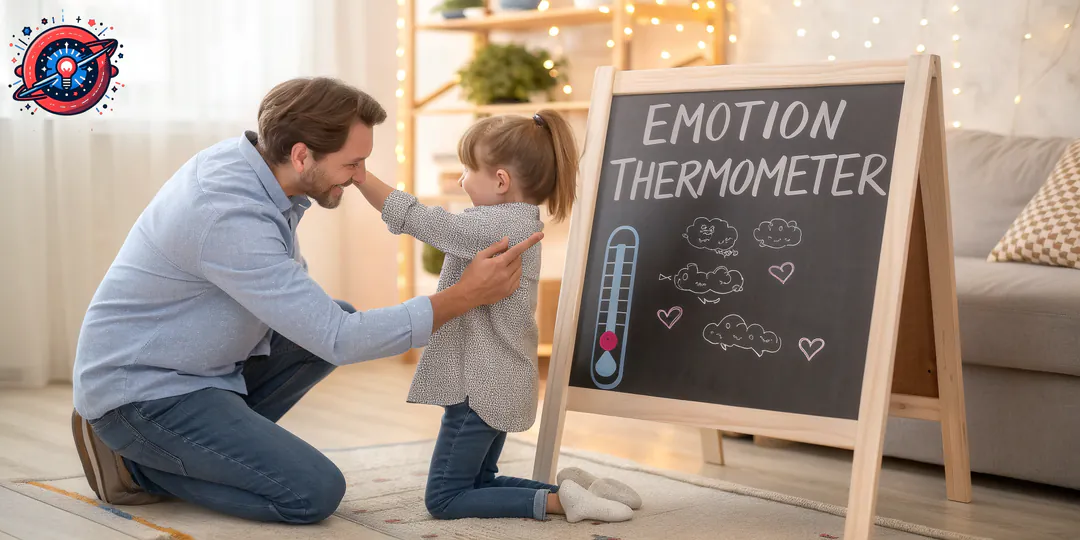 Padre enseñando educación emocional integrada a hijo usando termómetro emociones neuroeducación atención Padre enseñando educación emocional integrada a hijo usando termómetro emociones neuroeducación atención