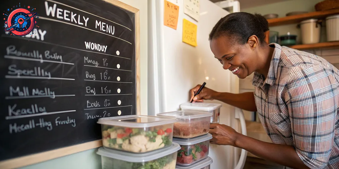 Persona planificando menú semanal para reducir desperdicio alimentario en la cocina. Persona planificando menú semanal para reducir desperdicio alimentario en la cocina.