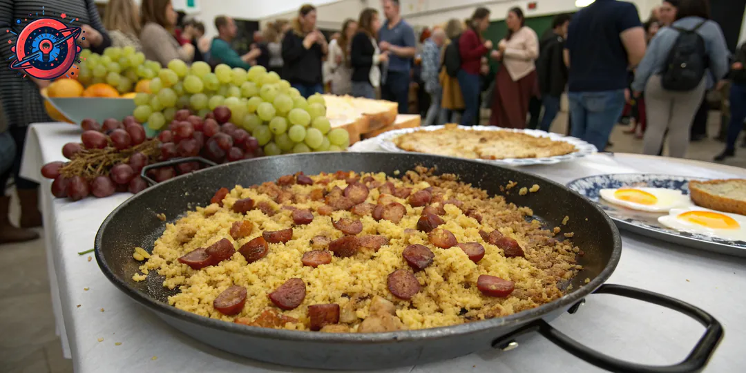 Plato tradicional de migas caseras con pan duro y acompañamiento Plato tradicional de migas caseras con pan duro y acompañamiento