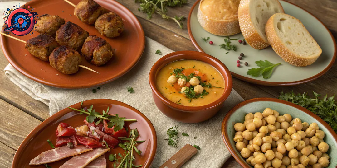 Platos tradicionales españoles de cocina de aprovechamiento servidos en una mesa rústica. Platos tradicionales españoles de cocina de aprovechamiento servidos en una mesa rústica.