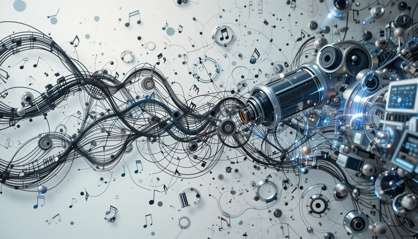 Representación abstracta de la inteligencia artificial generando música con notas y circuitos digitales Representación abstracta de la inteligencia artificial generando música con notas y circuitos digitales