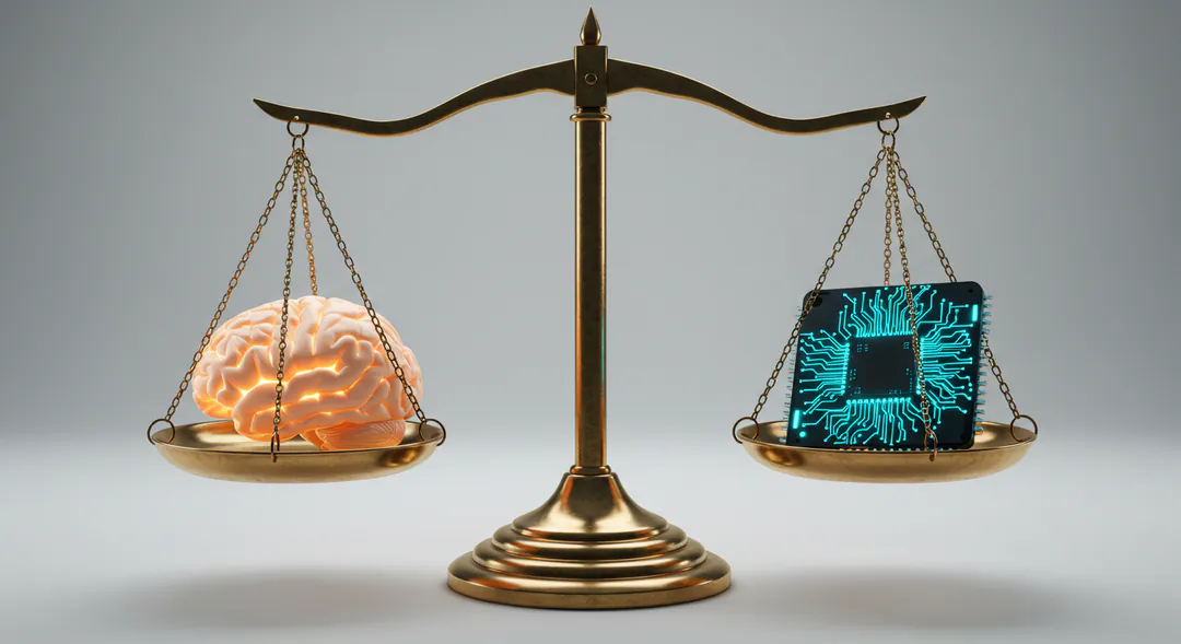 Balanza de la justicia fotorrealista con un cerebro brillante en un platillo y un chip de IA en el otro buscando el equilibrio perfecto sobre un fondo sereno. Balanza de la justicia fotorrealista con un cerebro brillante en un platillo y un chip de IA en el otro buscando el equilibrio perfecto sobre un fondo sereno.