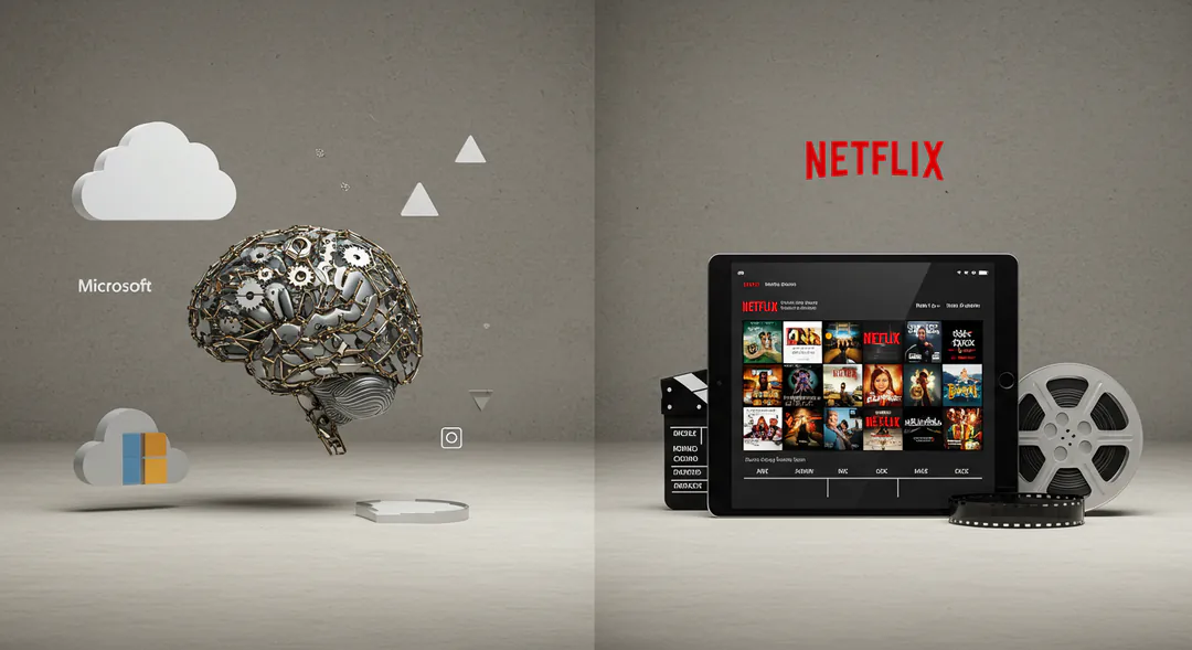 Composición visual fotorrealista con elementos simbólicos de Microsoft como la nube y un cerebro engranando y Netflix como una pantalla de streaming y contenido original diverso. Composición visual fotorrealista con elementos simbólicos de Microsoft como la nube y un cerebro engranando y Netflix como una pantalla de streaming y contenido original diverso.
