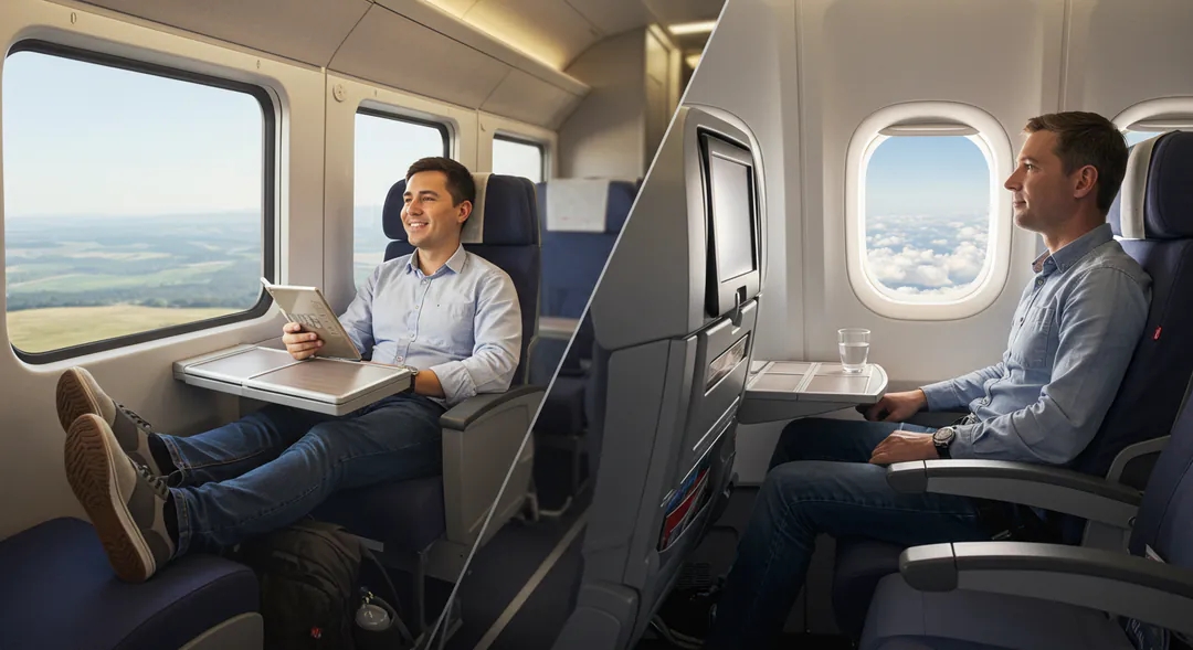 Contraste espacio comodidad pasajero tren alta velocidad vs avión turista Contraste espacio comodidad pasajero tren alta velocidad vs avión turista