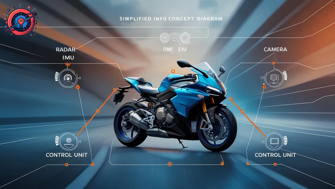 Diagrama de sensores ARAS en motocicleta explicando cómo radar, IMU y cámara recopilan datos para la seguridad. Diagrama de sensores ARAS en motocicleta explicando cómo radar, IMU y cámara recopilan datos para la seguridad.