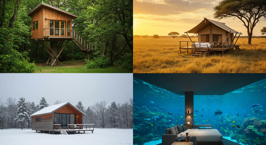Diversidad de alojamientos experienciales casas árbol de lujo, glamping en naturaleza, cabañas remotas nieve, hoteles submarinos innovadores. Diversidad de alojamientos experienciales casas árbol de lujo, glamping en naturaleza, cabañas remotas nieve, hoteles submarinos innovadores.