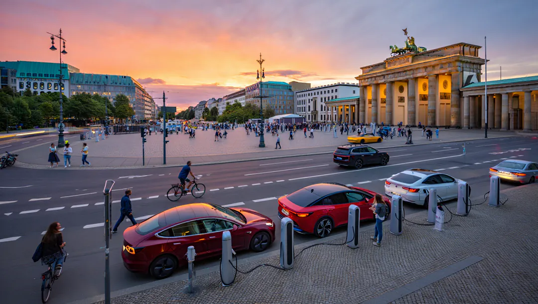 Futuro movilidad eléctrica sostenible carga coches VE en ciudad europea diversa Futuro movilidad eléctrica sostenible carga coches VE en ciudad europea diversa