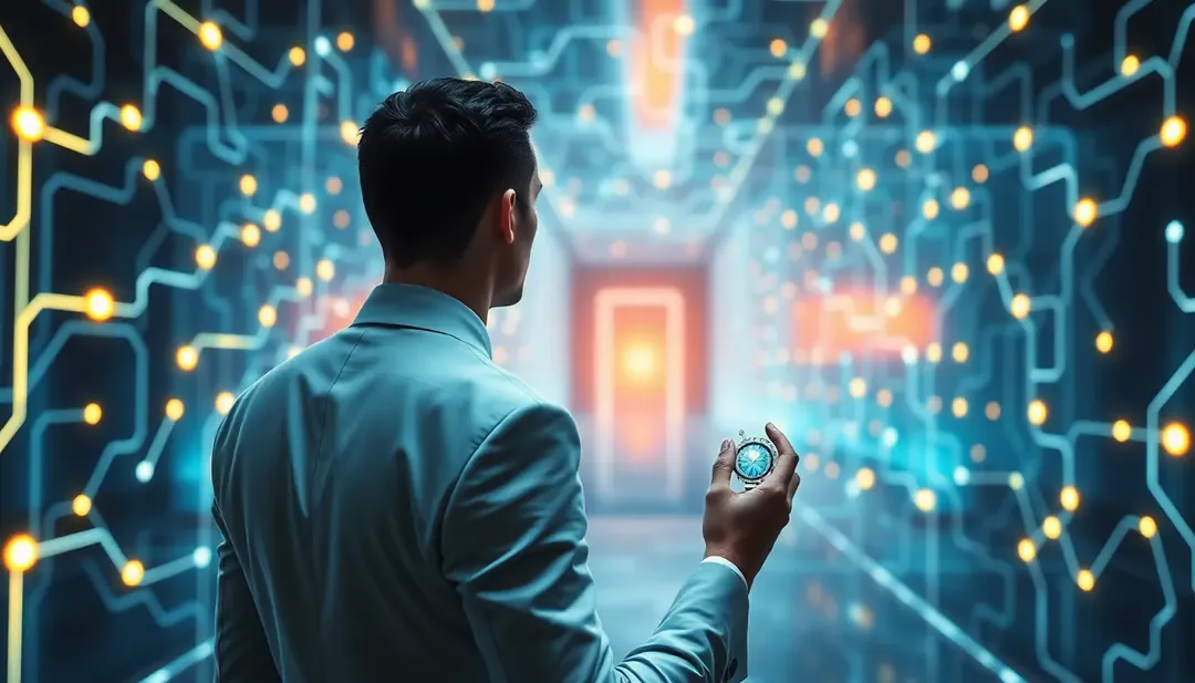 Líder adaptativo navegando con serenidad un entorno empresarial complejo simbolizado por un laberinto luminoso con nodos de IA y colaboración Líder adaptativo navegando con serenidad un entorno empresarial complejo simbolizado por un laberinto luminoso con nodos de IA y colaboración
