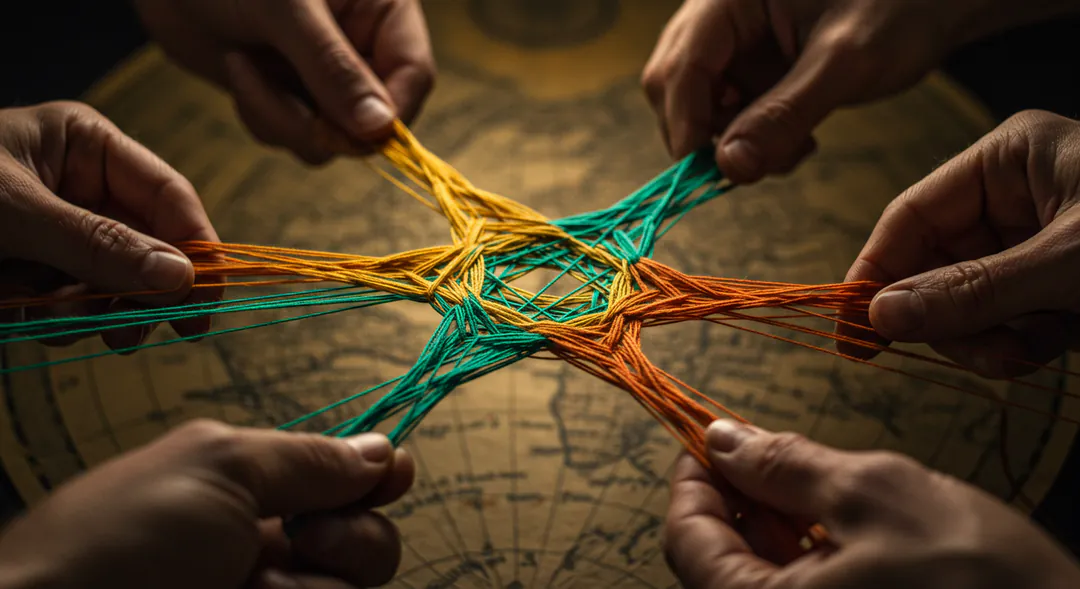 Manos diversas entrelazando hilos de colores vibrantes sobre un mapa del mundo difuminado simbolizando la creación de nuevas perspectivas a través de viajes transformadores Manos diversas entrelazando hilos de colores vibrantes sobre un mapa del mundo difuminado simbolizando la creación de nuevas perspectivas a través de viajes transformadores