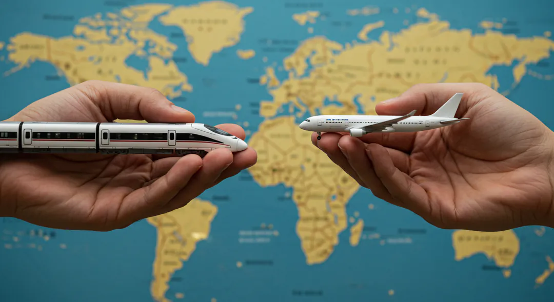 Manos sosteniendo modelos tren alta velocidad y avión sobre mapa mundi decisión global movilidad Manos sosteniendo modelos tren alta velocidad y avión sobre mapa mundi decisión global movilidad