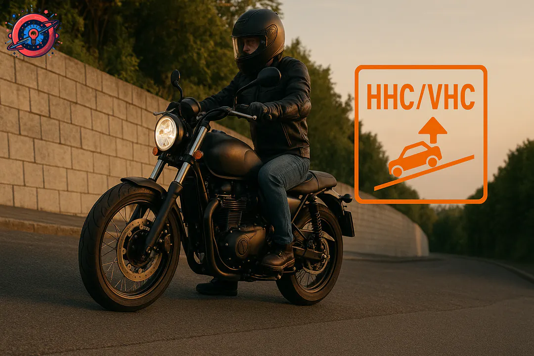 Motocicleta con sistema HHCVHC facilitando el arranque seguro en pendiente. Motocicleta con sistema HHCVHC facilitando el arranque seguro en pendiente.