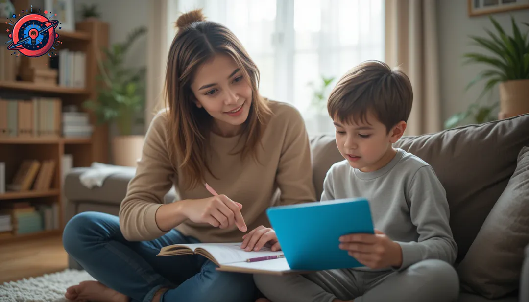 Padre omadre apoya pacientemente a hijo o hijaa neurodivergente con tarea en casa. Padre omadre apoya pacientemente a hijo o hijaa neurodivergente con tarea en casa.