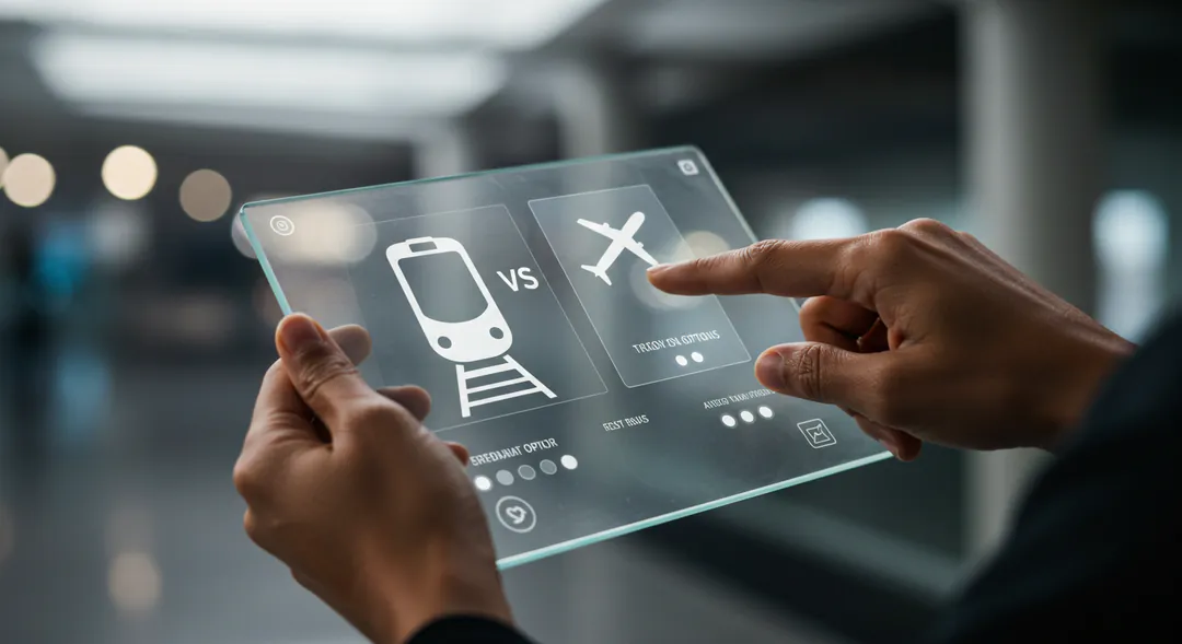 Pasajero tomando decisión informada TAV vs avión con tablet futurista Pasajero tomando decisión informada TAV vs avión con tablet futurista