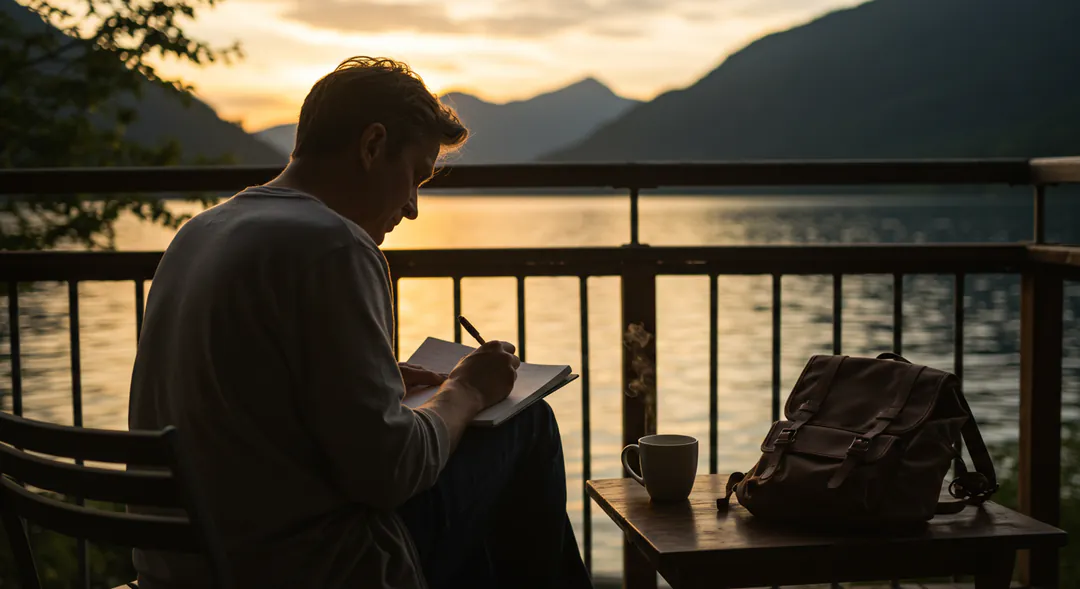 Persona escribiendo reflexiones en un diario de viaje en un entorno natural sereno maximizando su experiencia transformadora Persona escribiendo reflexiones en un diario de viaje en un entorno natural sereno maximizando su experiencia transformadora