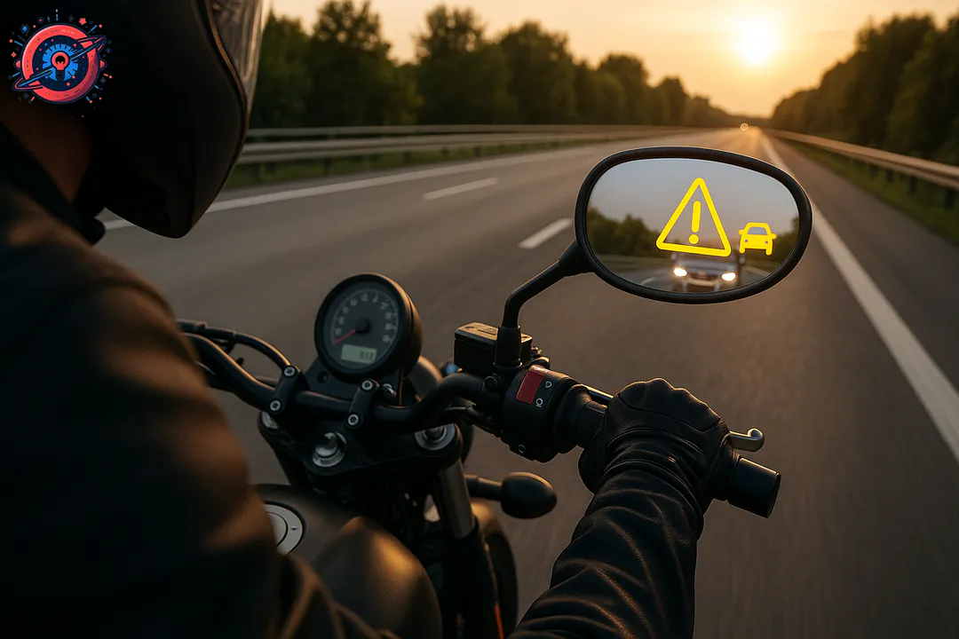 Sistema de Detección de Punto Ciego (BSD) en moto alertando sobre un vehículo en el ángulo muerto. Sistema de Detección de Punto Ciego (BSD) en moto alertando sobre un vehículo en el ángulo muerto.