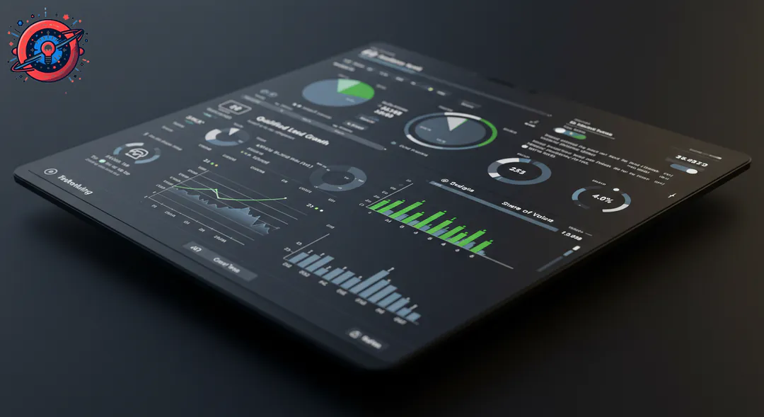 Un moderno dashboard digital mostrando KPIs de marketing B2B con indicadores de crecimiento positivos gracias a la IA