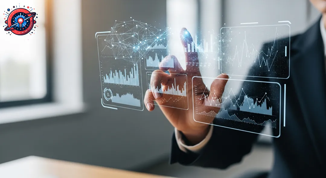 Una mano humana interactuando con una interfaz holográfica de IA simbolizando la colaboración estratégica en marketing B2B