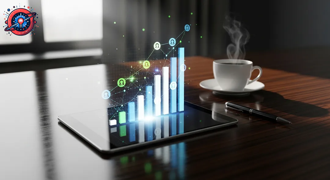 Visualización fotorrealista de datos y gráficos abstractos simbolizando el crecimiento e impacto de la IA en el marketing B2B