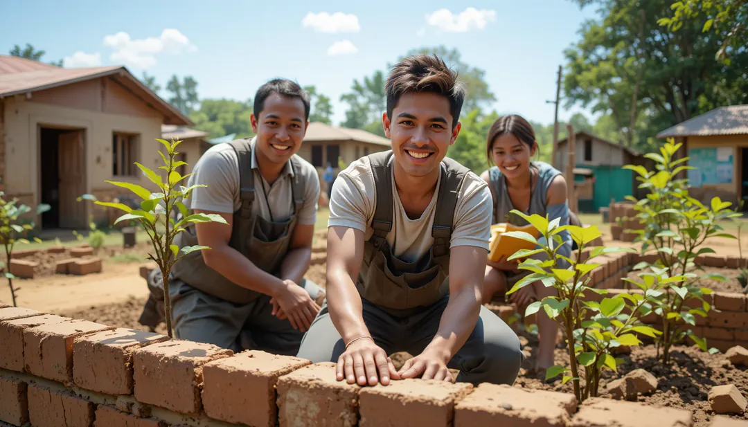 Voluntario internacional trabajando felizmente en colaboración con miembros de una comunidad en un proyecto de desarrollo significativo Voluntario internacional trabajando felizmente en colaboración con miembros de una comunidad en un proyecto de desarrollo significativo