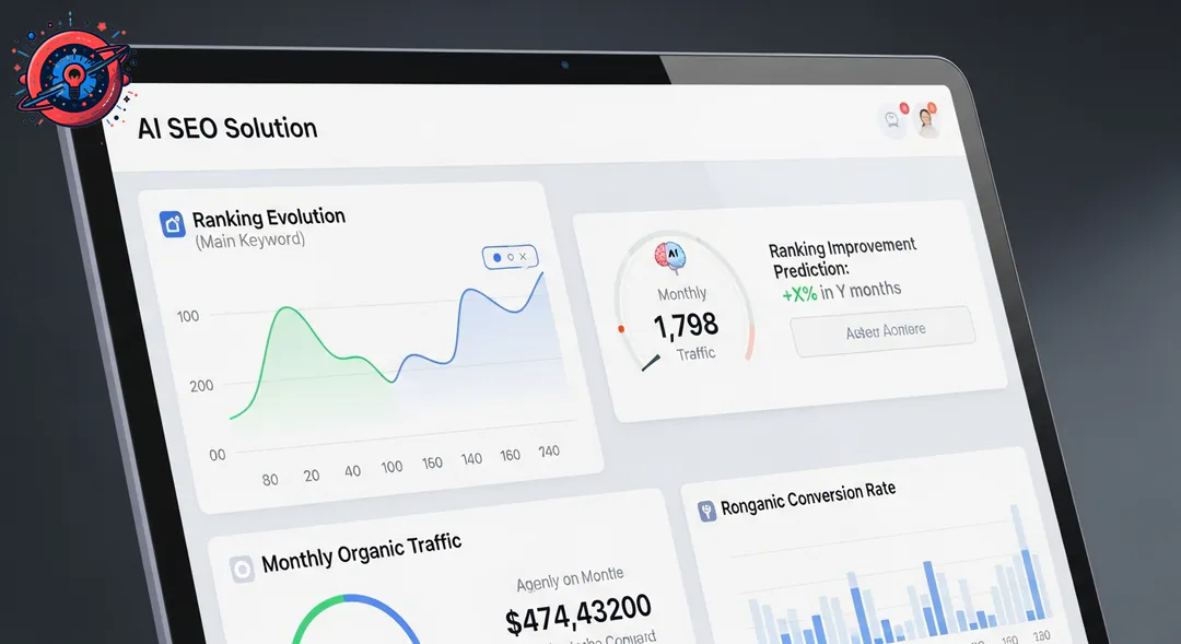 Dashboard de IA SEO mostrando KPIs clave como ranking tráfico orgánico y tasa de conversión con predicción. Dashboard de IA SEO mostrando KPIs clave como ranking tráfico orgánico y tasa de conversión con predicción.