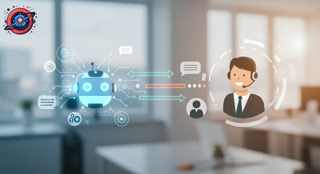 Esquema visual de la colaboración eficiente entre un chatbot de IA y un agente humano en el soporte al cliente B2B Esquema visual de la colaboración eficiente entre un chatbot de IA y un agente humano en el soporte al cliente B2B