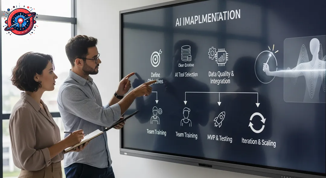 Representación conceptual fotorrealista del proceso de implementación de IA en email marketing B2B, con énfasis en la colaboración humano máquina Representación conceptual fotorrealista del proceso de implementación de IA en email marketing B2B, con énfasis en la colaboración humano máquina